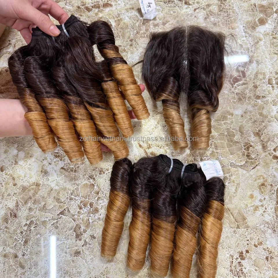 Hot Trending Human Hair Bundles Hand Tied Weft Human Hair Extensions With Lace Front Set Human Hair Wigs Bouncy Curly Type