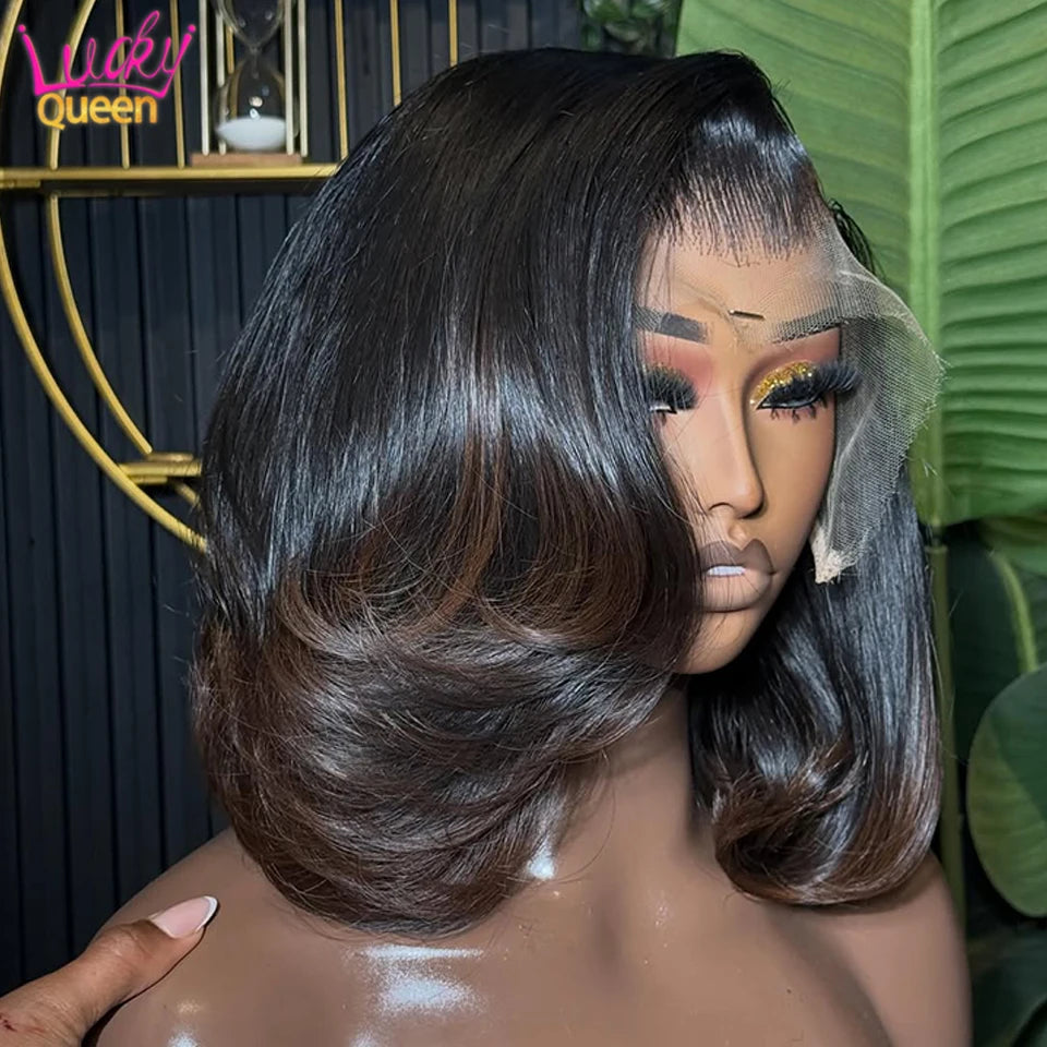 Real Human Hair Wig Body Wave Ombre Brown Colored Short Bob Hair 13x4 Lace Front Human Hair Wigs For Women  Upgrade Glueless