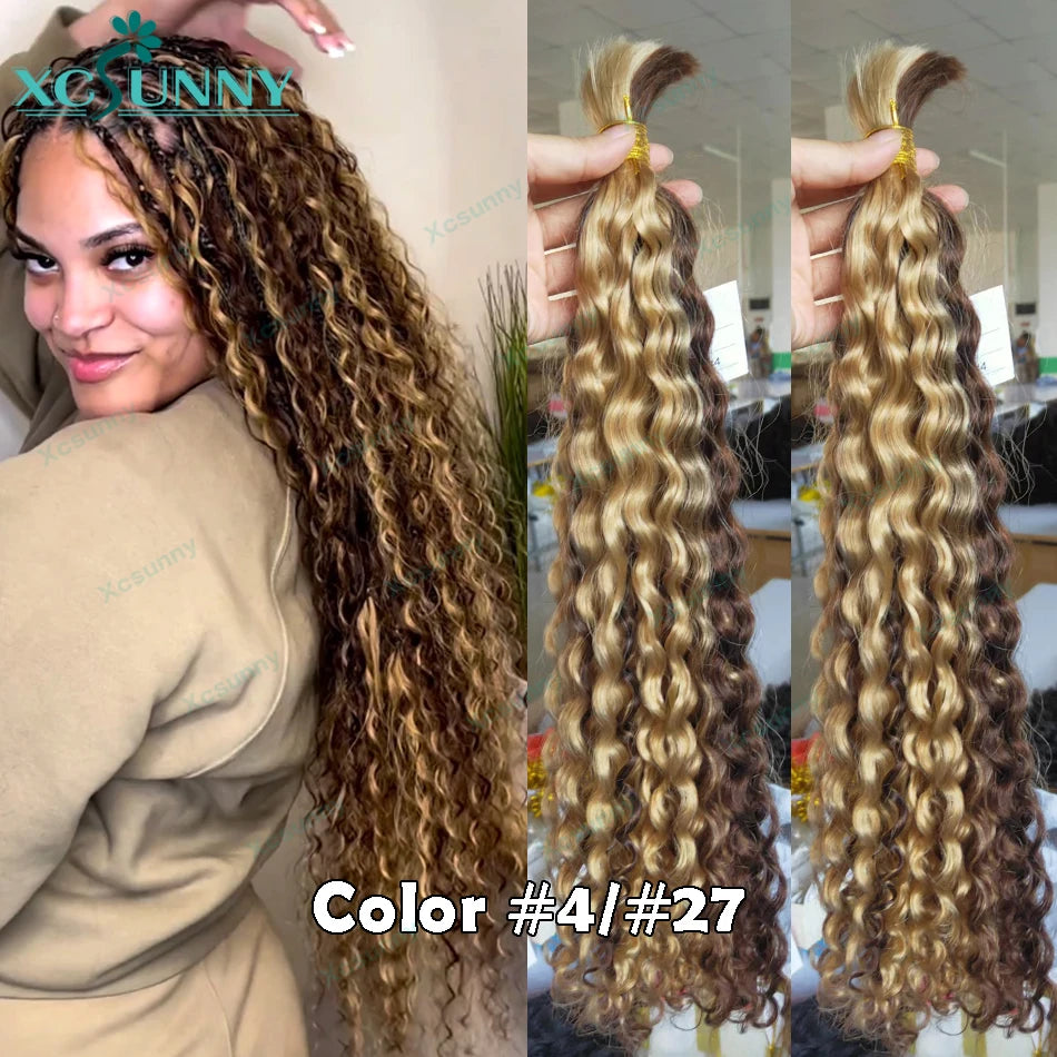 Bulk Human Hair For Braiding Highlight Curly Hair Bundles No Weft Wholesale Loose Deep Wave Double Drawn Boho Knotless Braids