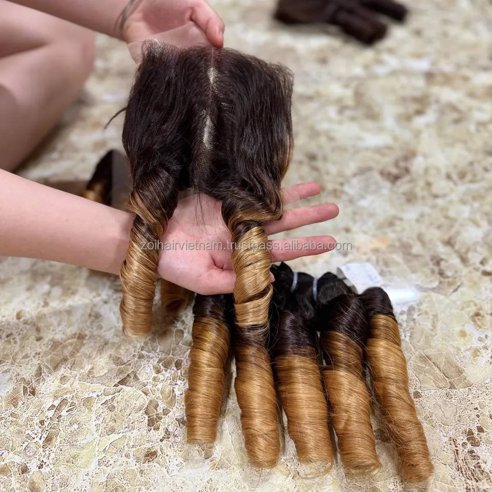 Hot Trending Human Hair Bundles Hand Tied Weft Human Hair Extensions With Lace Front Set Human Hair Wigs Bouncy Curly Type