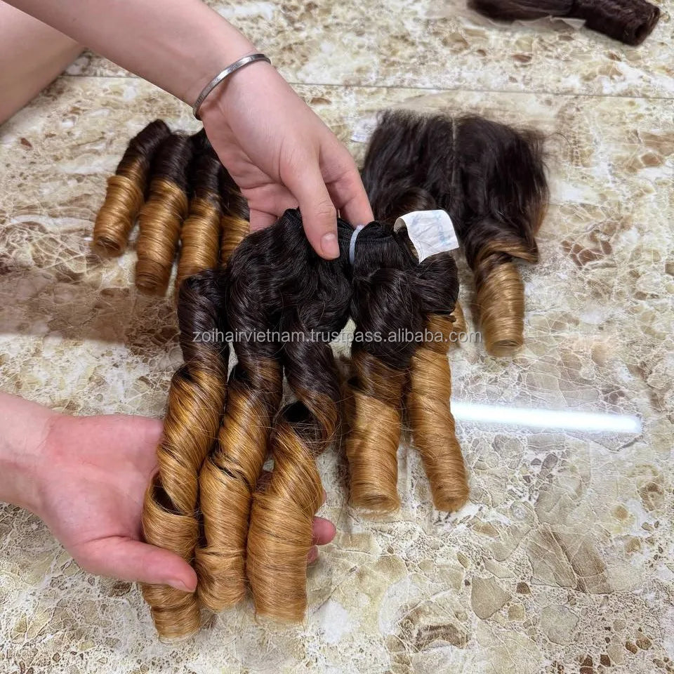 Hot Trending Human Hair Bundles Hand Tied Weft Human Hair Extensions With Lace Front Set Human Hair Wigs Bouncy Curly Type