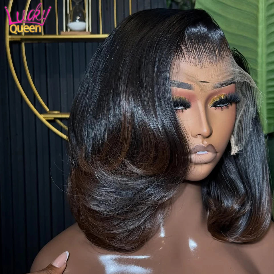 Real Human Hair Wig Body Wave Ombre Brown Colored Short Bob Hair 13x4 Lace Front Human Hair Wigs For Women  Upgrade Glueless